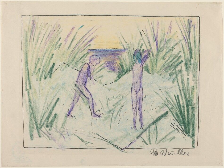 The image portrays a low point of view with two figures in a landscape setting. The horizon is near the top with a band of blue and a golden hue above. The grass is vibrant and textured with loose, expressive brushstrokes in pastel tones and soft pencil outlines. The color palette includes soft greens, purples, and yellows, with the figures sketched in blue and purple. Close to us, two human figures are shown within tall grass or dunes; one kneels while the other stands with raised arms. Dense greenery frames the scene, emphasizing the interaction between humans and nature.