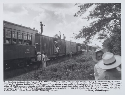 “…Hundreds gathered for trip in white dresses carrying cloth bags, pails, candles—going to inaccessible & most venerable religious festival of Tres Reyes…Train started 7 A.M. with a hundred in a box car, people hanging on steps of platform even—engine went off tracks like some great sad silent dead horse of iron at noon, usual occurrence.” (See _Journals Early ‘Fifties Early ‘Sixties_ , N.Y., Grove, 1977, 1992, P.37.) Narrow-gauge railroad, Merida to Valladolid, Quintana Roo, Mexico, January 1954., Allen Ginsberg, 1954, printed later