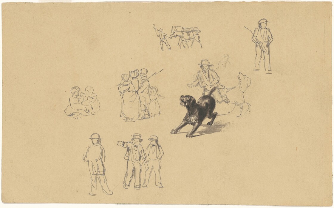 This is a drawing of small vignettes on a single sheet. The drawing depicts various sketches scattered across a pale background. There is a darkly shaded dog in the lower right corner in a dynamic pose. Surrounding this are faint sketches of human figures in different compositions, including several gesturing or interacting with each other. These include a small group pointing, a duo engaged in an activity on the upper left, and several other figures positioned around the page. The drawing is executed with a minimal, loose line style, indicating quick, observational sketches capturing movements and interactions.