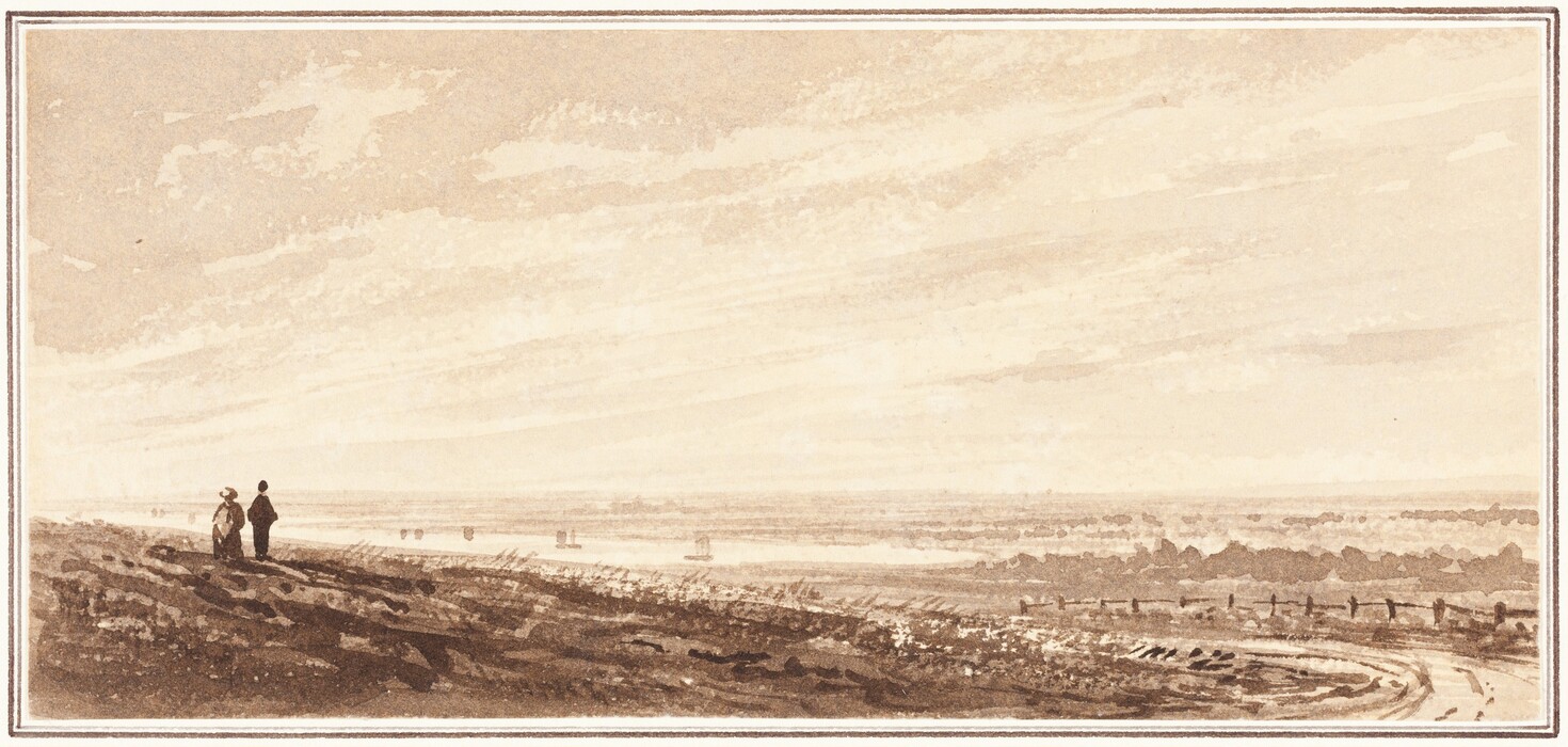 The image depicts a wide, expansive landscape viewed from a distance. The horizon is positioned low in the composition, with distant hills and a hazy expanse meeting the sky. Two figures are walking along a path in the foreground. The brushwork is delicate and meticulous, describing clouds in the pale sky with soft, flowing lines. The color palette is warm and monochromatic, with tones of sepia and ochre creating a serene atmosphere. The landscape leads the eye towards a river or body of water in the distance.