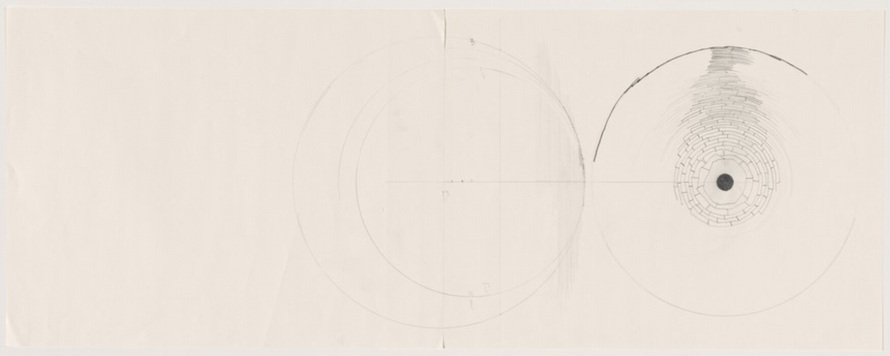 The image shows a series of concentric circles with a cross-like intersection of lines at the center. There is a dense cluster of smaller, overlapping arcs and segments within one of the larger circles on the right side. The lines are precisely drawn, defining symmetry and movement within the abstract composition.