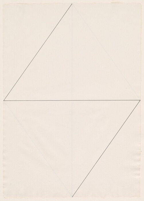The image displays intersecting lines forming a geometric arrangement. Two triangles are created at the center of the artwork. The design emphasizes sharp angles and subtle symmetry. The paper resembles a blank canvas, reminiscent of origami or folded paper crafts.