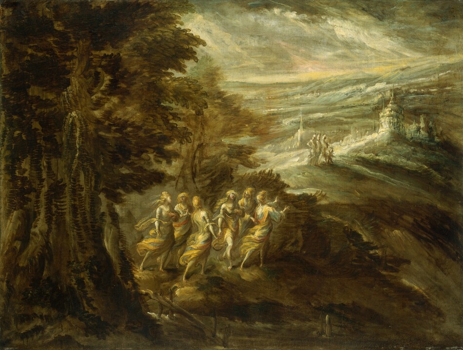 The painting shows a high vantage point of a group of people in a dark, green landscape. Closest to us, near the center of the painting, are the six people with pale white skin and long yellow hair, wearing in flowing garments in yellow, white, and blue. They stand under dark foliage from large trees. In the distance to the right, the dark trees open into a wide, white landscape. Towards the upper right corner, there is a faint architectural structure resembling a shining white castle. Rolling hills are visible in the distance, and the sky is filled with swirling clouds in grey, peach, and yellow tones.