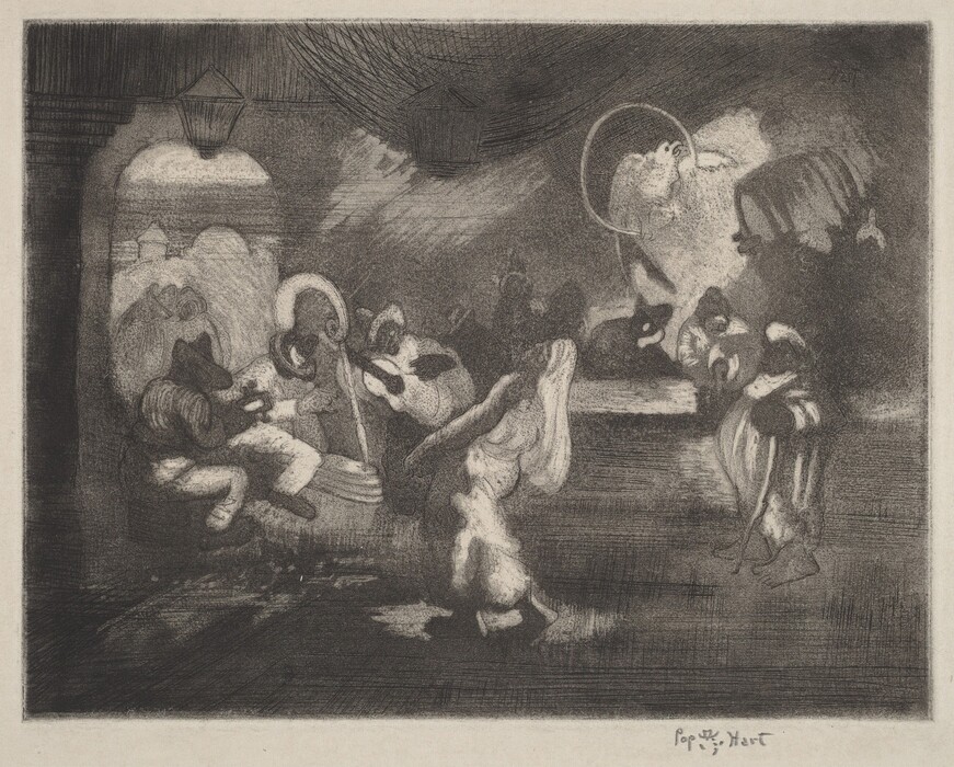 The image shows curvilinear shapes and soft lines blending into each other, creating an abstract scene. Some figures resemble people engaged in dynamic activity, while others depict a figure with a cane and a circle with a bird-like shape. Shadows and light create a sense of movement and depth in the composition.