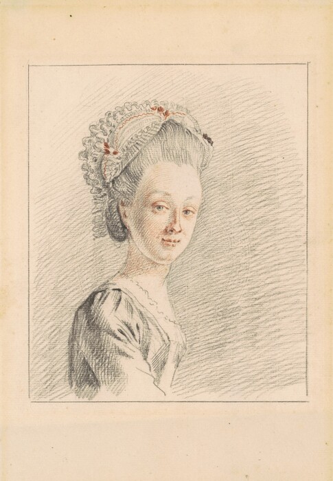 The drawing shows a woman from the waist up, positioned at a slight angle. Her facial features are delicately sketched with a subtle smile and inquisitive eyes. She has styled hair in an updo, with curls framing her face, and wears a bonnet with lace and floral decorations. She is dressed in a modest neckline dress with lace trim. The background is minimal and softly shaded, highlighting the woman as the main focus.