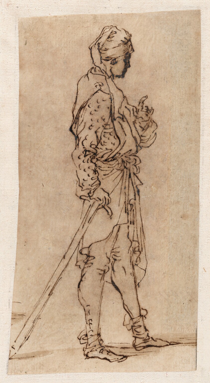 A Standing Man Leaning on a Stick