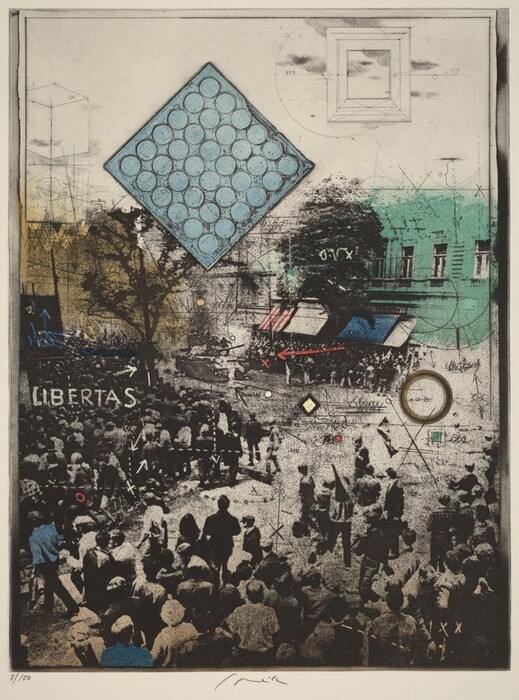This artwork features an abstract composition with geometric shapes and intricate lines. A diamond-shaped grid of blue circular patterns is in the upper-left corner. The image includes a crowded street scene with various symbols intersecting. In the background, a building facade with striped awnings is partially visible. Overlapping Xs, circles, and scribbles suggest layers of messages. The word "LIBERTAS" is prominently displayed.