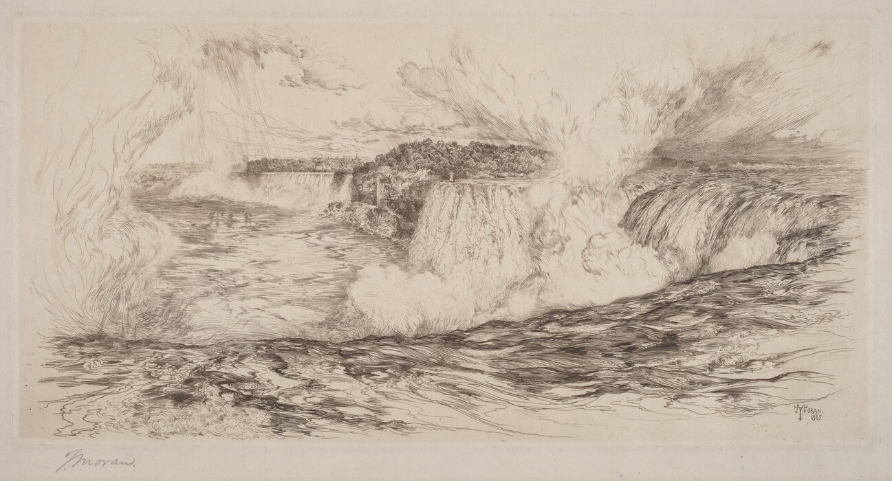 The image shows a waterfall with cascading water. The horizon is high, dominated by the water's continuation. The brushstrokes are detailed with fine lines, capturing the water's spray and descent in a dramatic manner. The color palette is monochromatic, using shades of brown ink to depict light and shadow. In the distance, the waterfall leads to a wooded area and a hint of land.