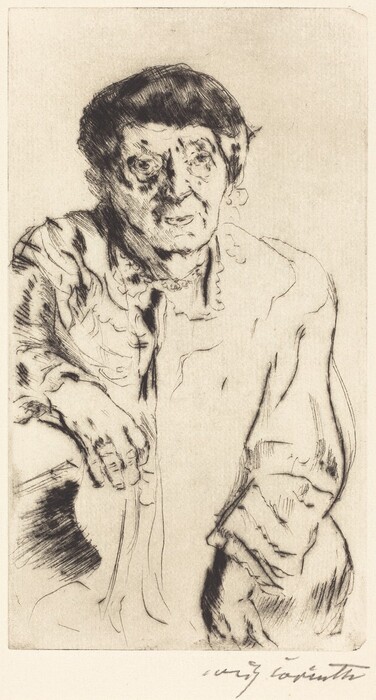 The image shows an upper-body sketch of a person seated with an arm resting on a surface. The individual is facing forward with their gaze directed slightly to one side. The facial features are detailed, with distinct lines highlighting the eyes and mouth. The person's hair is short and dark, contrasting against the lighter background. They are wearing a loose, textured garment, and the hand visible is at rest. There are no visible jewelry pieces or objects held. The backdrop is plain, focusing solely on the individual.