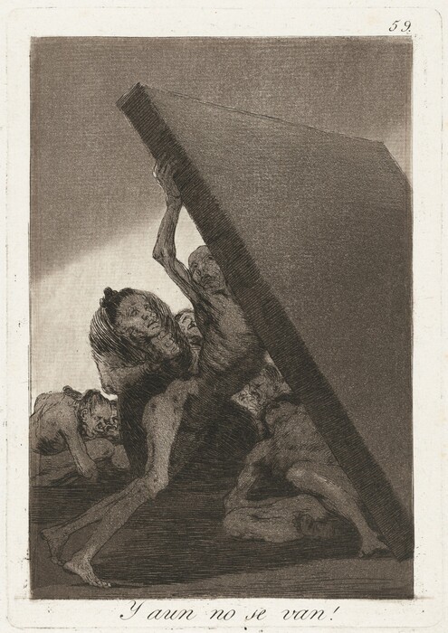 This is a drawing of several distorted humanoid figures trying to lift a large slab. The figures are emaciated and twisted, with exaggerated features. They appear to be struggling as they interact with the heavy stone block. The composition conveys tension and intense physical effort, with the figures' bodies contorted and muscles strained. The artwork features strong contrasts between light and dark areas to highlight the figures and the weight of the block.