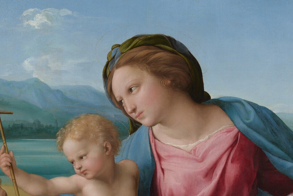 A woman and two children, all with pale skin and flushed cheeks, sit together in a landscape in this round painting. The woman takes up most of the composition as she sits with her right leg, to our left, tucked under her body. Her other leg, on our right, is bent so the foot rests on the ground, and that knee angles up and out to the side. She wears a rose-pink dress under a topaz-blue robe, and a finger between the pages of a closed book holds her place. Her brown hair is twisted away from her face. She has delicate features and her pink lips are closed. She looks and leans to our left around a nude young boy who half-sits and half-stands against her bent leg. The boy has blond hair and pudgy, toddler-like cheeks and body. The boy reaches his right hand, on our left, to grasp the tall, thin cross held by the second young boy, who sits on the ground next to the pair. This second boy has darker brown hair and wears a garment resembling animal fur. The boy kneels facing the woman and looks up at her and the blond boy. The trio sits on a flat, grassy area in front of a body of water painted light turquoise. Mountains in the deep distance are pale azure blue beneath a nearly clear blue sky.