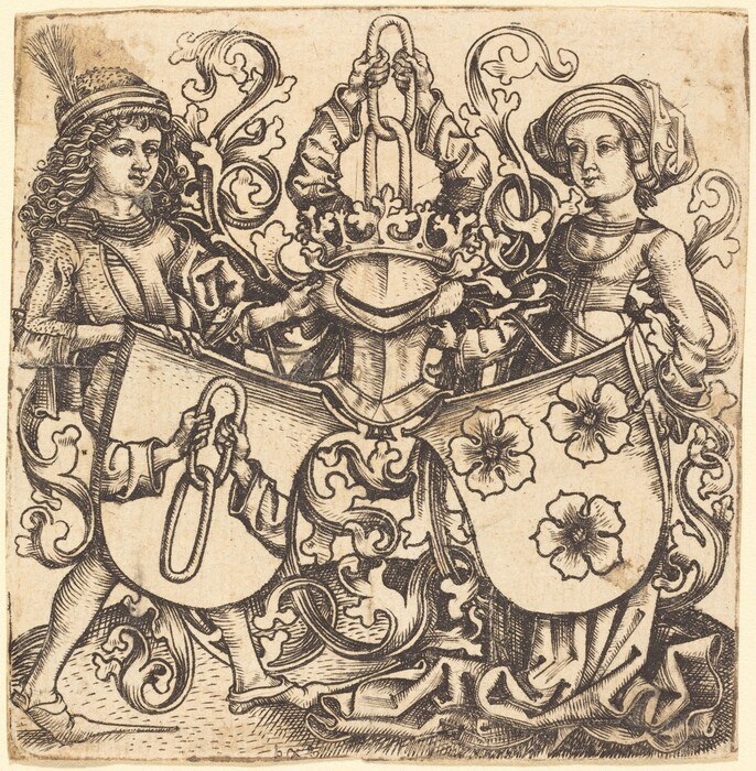 This drawing depicts an ornate coat of arms. It includes a central figure of a crowned helmet with elaborate scrolling leaf motifs. Flanking the helmet are two shields. The left shield features a looped object, while the right shield displays two stylized floral emblems. Intricate vine patterns fill the background, enhancing the heraldic theme. The composition is symmetrical, emphasizing the grandeur and formality of heraldic art.