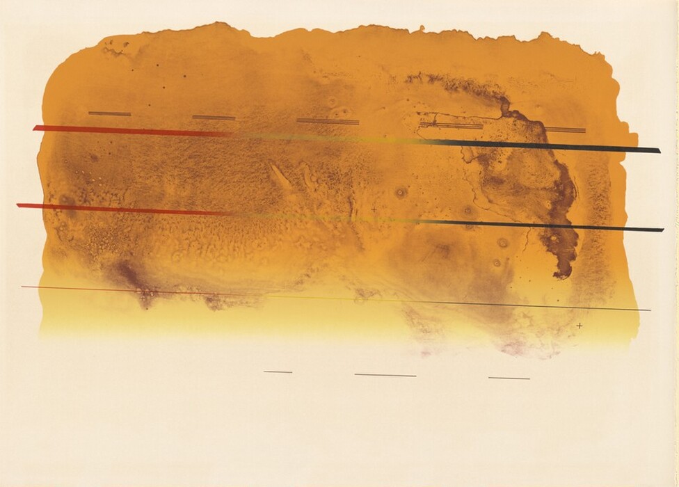 The image features an abstract composition with a large, amorphous shape in shades of orange and brown. This central shape is intersected by several horizontal lines of varying thickness and color, including shades of black, red, and green. The texture within the shape has areas of dark, crater-like indentations and swirling patterns.