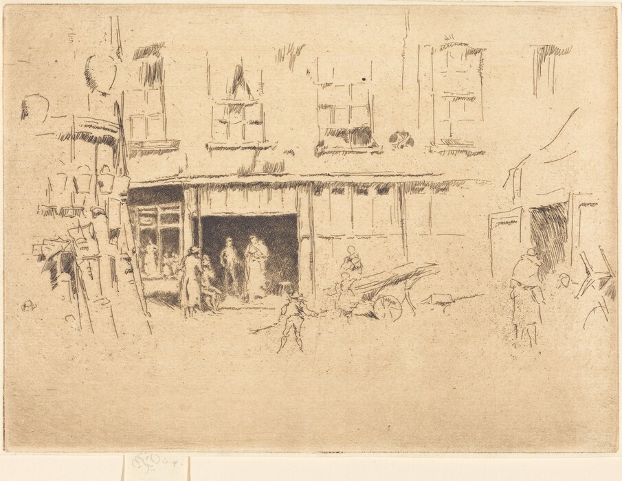 The image displays a street view from a low vantage point, emphasizing building facades and figures at ground level. The structures are illustrated with loose and sketchy strokes, capturing the scene's essence over precise details. Closest to us, various figures engage in daily activities, with carts present, enhancing the busy ambiance. In the background, buildings show windows and doorways with rough outlines. The monochromatic color scheme uses various shades of brown, relying on texture for depth. The artwork conveys spontaneity and impression, prioritizing the capture of the moment over intricate realism.