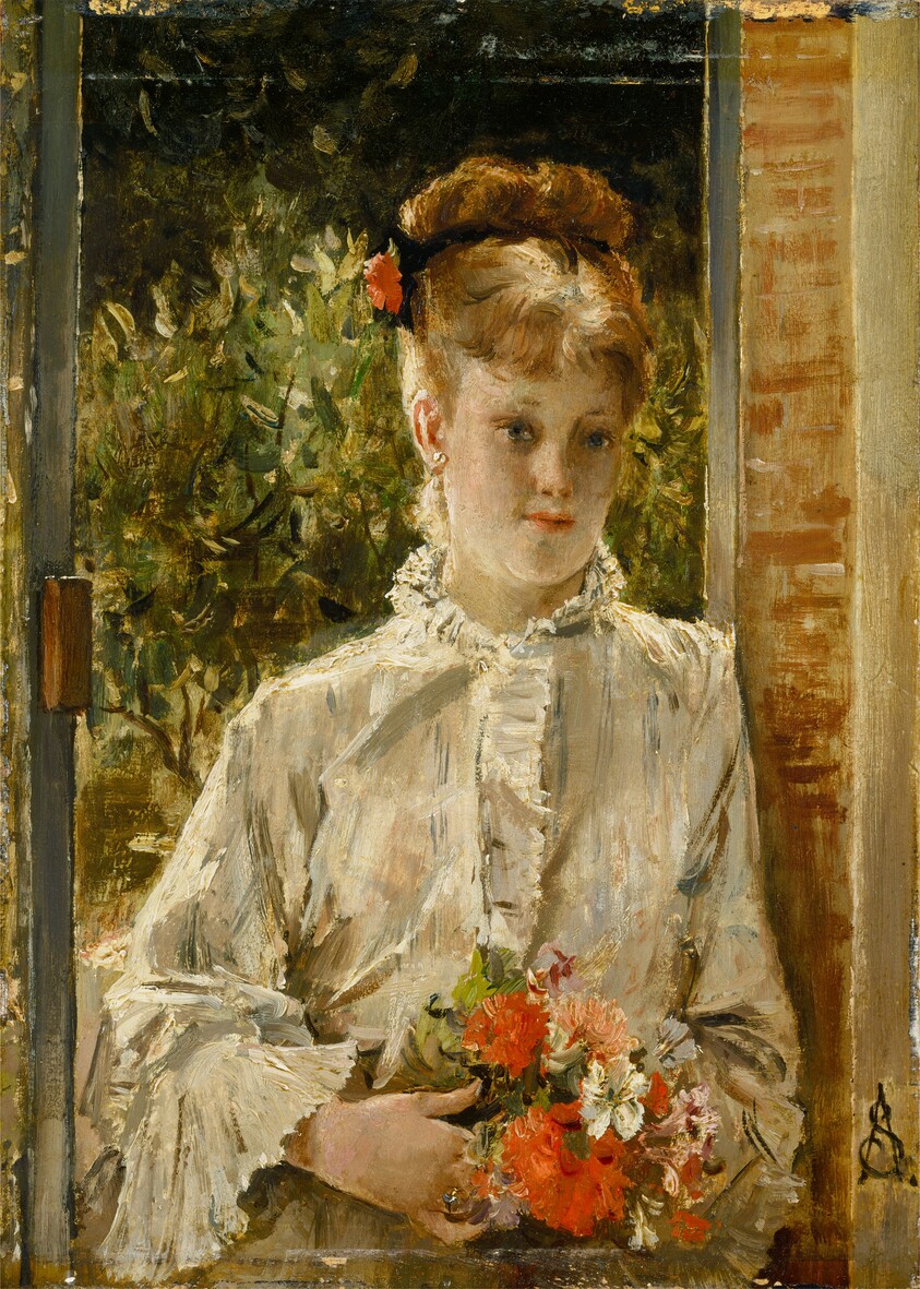 Young Woman in White Holding a Bouquet