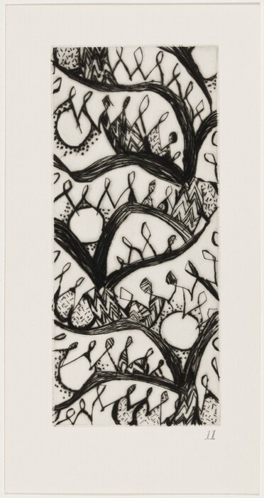 The image contains a series of curved black lines that intertwine across the rectangular frame, with smaller looped lines branching off. These shapes create a composition that resembles a forest or a network of vines. Within the loops and spaces, patterns like zigzags and dots provide a textured appearance. This artwork evokes a nature-inspired scene using simplified forms and repeated motifs.