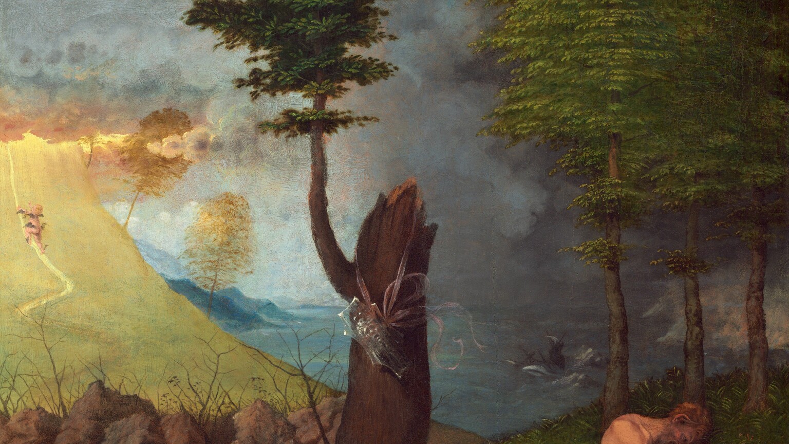 Set on a strip of land under a cloud-filled sky and in front of a stormy sea, a nude, light-skinned satyr reclines to our right as a nude, pale-skinned, blond child crouches over some objects on the dirt ground to our left in this vertical landscape painting. The satyr has with a man’s body and shaggy, goat’s legs. He leans over and peers into a golden urn, which has a round bottom and tall, flaring sides about the height of his torso. One hand holds the single handle and the other wraps around the body of the urn. The tips of the satyr’s ears are elongated and pointed, and the corner of his mouth curves up into an exaggerated smile in his brown beard. Red liquid pours from an object, perhaps an overturned urn, near the satyr’s outstretched leg and white liquid pours from another urn between us and the satyr. Next to the satyr, at the center of the painting, a thick, upright tree trunk is broken off abruptly but one shoot grows tall with emerald-green leaves. A translucent, shield-shaped object decorated with an open-mouthed, human face hangs from a pink ribbon around the broken trunk near the branch. A second shield outlined in red with a rearing, white lion against a royal-blue field leans against the foot of the tree to our left. Nearby, the pale, naked child holds a pair of sticks, possibly a compass, and reaches for other objects on the ground near the shield, including a white disk, a pair of small, red-covered books, a square and possibly a plumb line, a flute, pan pipes, and a scroll of paper. The ground and landscape around each person are distinctly different. To our left, the dirt ground under the child is littered with small rocks. Beyond a row of larger boulders, a sweeping field of lemon-lime green sweeps up into a bank of clouds. A small nude person with dark forms, perhaps representing wings, on their shoulders, arms hips, and ankles ascends a path up toward the clouds. To our right, the satyr reclines on green grass in front of a screen of three lush trees. Beyond, across the entire landscape, a choppy sea extends into the far distance beneath the steel-gray clouds above. A masted ship is swallowed by waves behind the satyr, to our right.