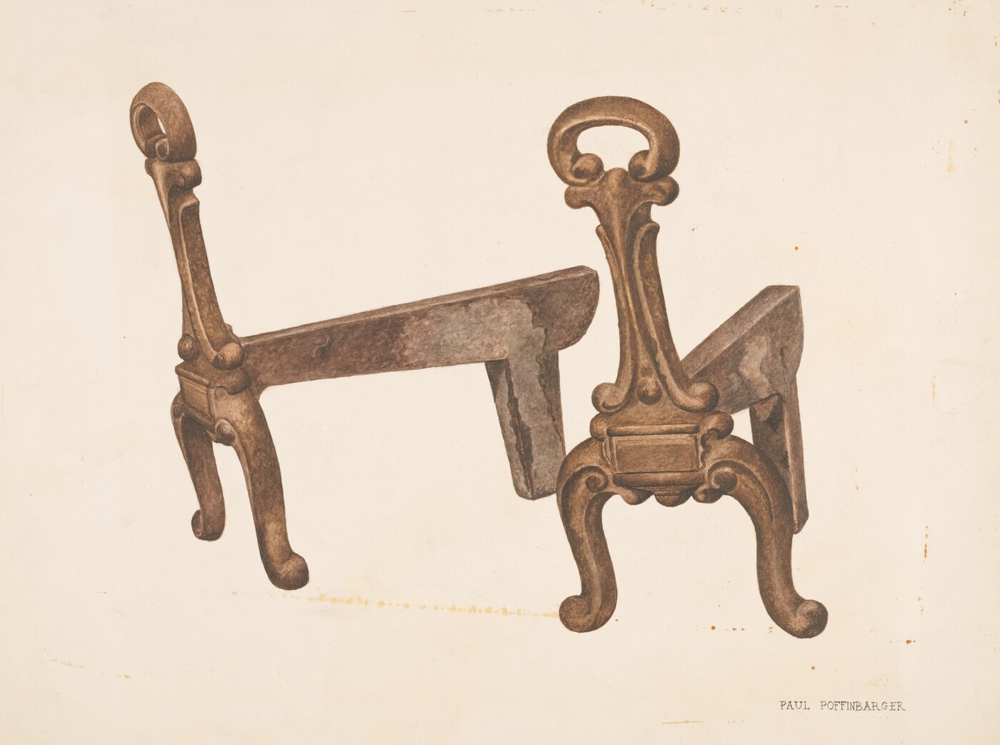 The image shows two ornate metal fire dogs or andirons. They are positioned one behind the other, with the nearest one slightly to the right of the center in the foreground and the second further back and slightly to the left. The objects have a brown and copper color scheme, with intricate detailing. The background is off-white or beige.