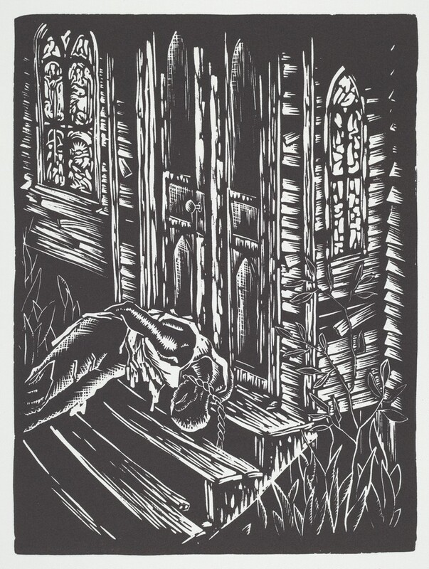 Printed with black on white paper, a person with hands bound behind his back and a cut noose around his neck lies on the stairs leading up to a wood-sided building in this vertical linocut. The white lines are gouged like slashes against the dense, pressing black. The person’s hair is cut short, their muscular arms exposed in the sleeveless shirt, and their pants are tattered above the knee. The head is bent sharply down, the chin at the chest. The building has arched windows filled with shapes, suggesting stained glass and indicating that this is a church. The double doors are closed, and a few leafy plants grow to each side of the warped, partially broken steps.