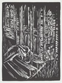 Printed with black on white paper, a person with hands bound behind his back and a cut noose around his neck lies on the stairs leading up to a wood-sided building in this vertical linocut. The white lines are gouged like slashes against the dense, pressing black. The person’s hair is cut short, their muscular arms exposed in the sleeveless shirt, and their pants are tattered above the knee. The head is bent sharply down, the chin at the chest. The building has arched windows filled with shapes, suggesting stained glass and indicating that this is a church. The double doors are closed, and a few leafy plants grow to each side of the warped, partially broken steps.