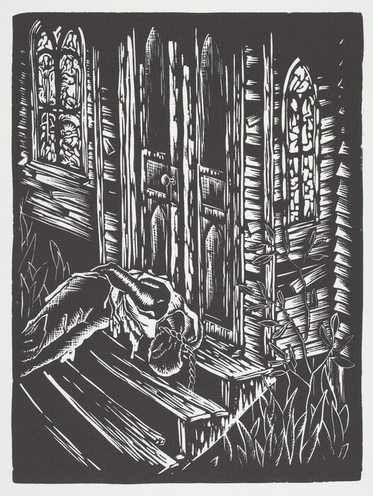 Printed with black on white paper, a person with hands bound behind his back and a cut noose around his neck lies on the stairs leading up to a wood-sided building in this vertical linocut. The white lines are gouged like slashes against the dense, pressing black. The person’s hair is cut short, their muscular arms exposed in the sleeveless shirt, and their pants are tattered above the knee. The head is bent sharply down, the chin at the chest. The building has arched windows filled with shapes, suggesting stained glass and indicating that this is a church. The double doors are closed, and a few leafy plants grow to each side of the warped, partially broken steps.