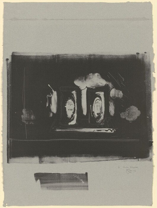 Two large cylindrical objects are at the center of the image. Each object has an inner silhouette with lettering or design details. The background has a dark rectangular area with light, cloudy shapes and lines surrounding the central objects, creating a contrast. The color palette consists of shades of black, grey, and white. The surrounding area provides a textured, smoky effect. The two cylindrical objects are positioned near the center of the image, with the darker rectangular backdrop encompassing them, and subtle textures and strokes appear both in the background and on the foreground space.