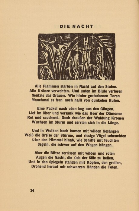 This is a drawing of abstract natural forms with poetic text. The upper section features an abstract illustration with shapes that could be interpreted as stylized plants or flames, with a central arch or framework structure dividing the image. The lines are bold and the forms are simplified, creating a sense of movement or tension within the space. Below the image, there is a block of German text, appearing to be a poem or literary work. The typeface is bold and the text is evenly justified, giving it a structured appearance on the page. The title "DIE NACHT" is placed centrally above the illustration.