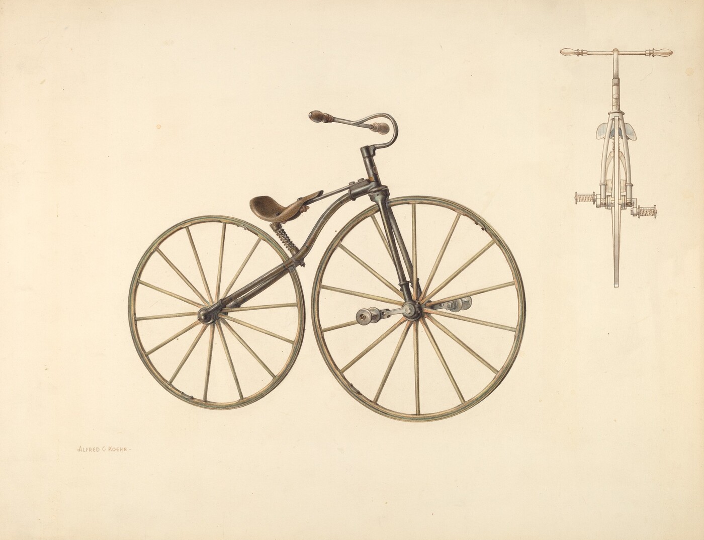 The image displays a vintage-style bicycle. The largest object is a side view of the bicycle dominating the left side. It features large spoke wheels, a curved handlebar, a brown saddle, and silver pedals. On the right, there is a smaller, technical sketch of the bicycle from a top view, showing the handlebars and frame alignment. The color palette is muted with shades of brown, beige, silver, and subtle hints of gray against a creamy background. The side view bicycle is positioned centrally and slightly to the left, while the technical sketch is situated in the upper right corner.