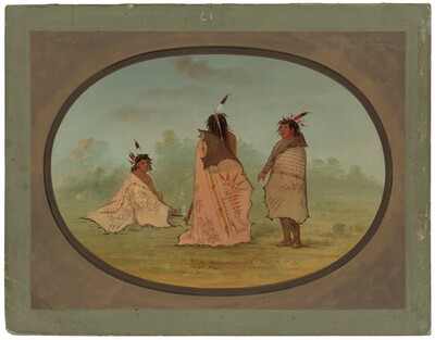 “Three Blackfoot Men”. The image shows three individuals in traditional attire.