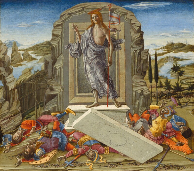 A pale-skinned man stands in front of a door-like opening set into a rocky cave against a deep landscape in this nearly square painting. The man, Jesus, has long reddish-blond hair, a red beard, and a disk-like gold halo. A muted lavender-purple cloth drapes over one shoulder, across his partially bare, muscular chest, and around his hips and legs. His right hand, to our left, is raised with the first two fingers lifted. A tall staff tucked into his other elbow has a long, white banner with a red cross, a forked end, and a red, plus-shaped cross finial. Behind Jesus, a rectangular doorway with molding is surrounded by craggy stone. The man stands on a chest-shaped stone tomb, and a white stone slab lies across the ground in front of it. Six men with pale skin lightly tinged with gray lie under and around the slab. They wear armor in shades of canary yellow, rose pink, aquamarine blue, violet, and orange. Five of them lie with legs and arms akimbo and one, to our right, props himself on one elbow and looks up at Jesus. Pebbles are strewn in a loose line across the ground along the bottom edge of the composition. Rivers zigzag back through more rocky formations and mountains to a town in the deep distance to the right and pale blue mountains along the horizon, which comes three-quarters of the way up this composition. A few thin clouds drift across the sky that deepens from pale yellow over the mountains to deep blue across the top edge of the painting,