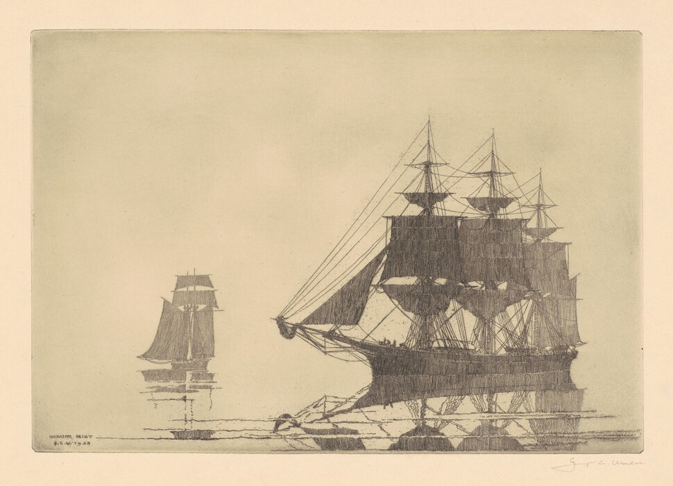 The image shows two sailing ships from a side perspective against a misty background. The larger ship is on the right, detailed with rigging and sails, while the smaller ship is on the left, fading into the mist. The horizon is indistinct, blending with the sky. The etching technique features fine lines and cross-hatching to create texture and shadow. The color palette is subdued, using shades of gray and sepia.