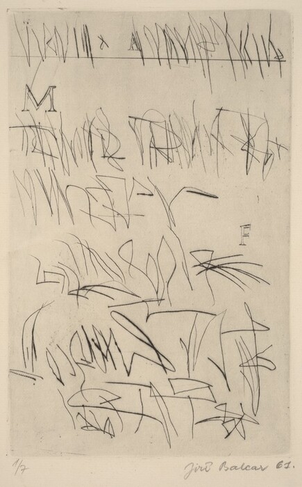 The image displays various erratic lines and jagged shapes resembling scribbles with interspersed letters and symbols. Recognizable elements include the letters "M" and "F". The composition conveys a sense of rhythm and movement through its interconnected lines and dynamic arrangement.