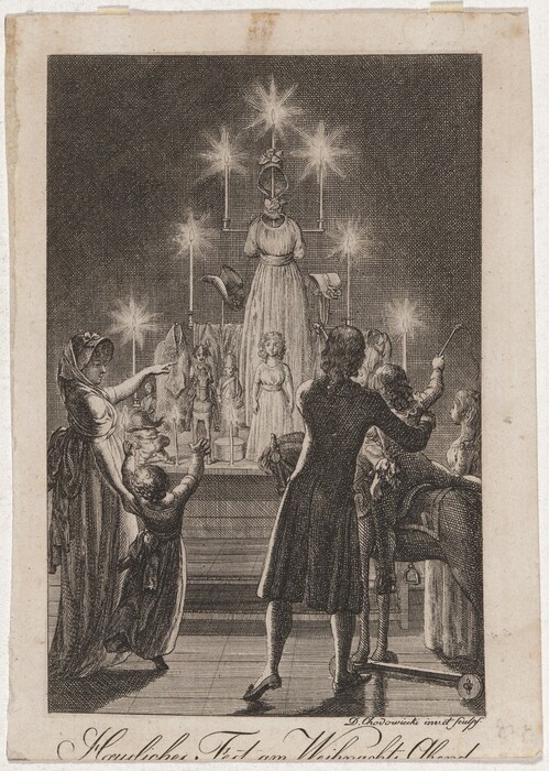 The image depicts a group of individuals observing a display. One adult figure stands in the center, facing the large display, with their back to the viewer. Surrounding them are other figures, including a woman on the left holding a young child up to the display, and another child reaching out. On the right, there is another adult sitting on a rocking horse with additional children. The display features a large figure in a gown with a chandelier-like structure above, lit with candles. Smaller figures resembling toy soldiers and children surround the central figure. The background is dark, and the candles create a glowing effect.