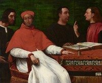 Cardinal Bandinello Sauli, His Secretary, and Two Geographers, Sebastiano del Piombo, 1516