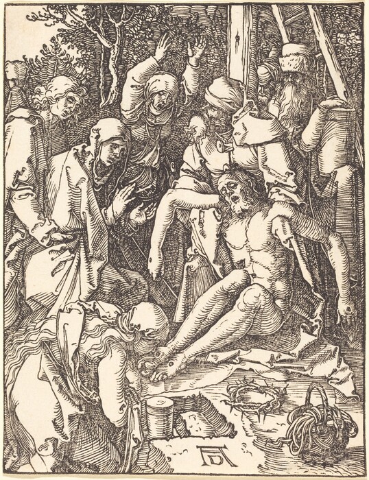 This is a detailed drawing of a biblical scene. The image depicts a group of figures in expressive gestures, with some figures mournful and others engaged in various activities around a central figure. The background features intricate trees, creating a contrast with the foreground's emotional turmoil.