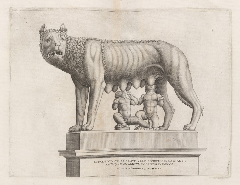 Printed with delicate black lines and hatching on cream-white paper, a she-wolf stands as two male infants attempt to nurse at her teats in this horizontal engraving. The wolf stands sideways facing our left with her head turned to look at us, eight teats hanging heavily along her underside. Her wide eyes are framed by raised but furrowed brows, and cup-like ears curl back on her round head. Her jaws are slightly open revealing sharp teeth. Her lean body is partly covered by tight clusters of parallel, undulating lines around her head, neck, and along her back, suggesting fur. Beneath her, one boy sits, rocking back on a low rock, and the other kneels. Both tilt their heads back and spread their arms wide as they reach for her teats. The wolf and boys are on a slab-like plinth, which in turn rests on a base inscribed with text on its face. The Latin text reads, “LVPAE ROMVLVM ET REMVM VRBIS CONDITORES LACTANTIS ANTIQVVM AC AENEVM IN CAPITOLIO SIGNVM. ANT LAFRERII FORMIS ROMAE MDLII.”