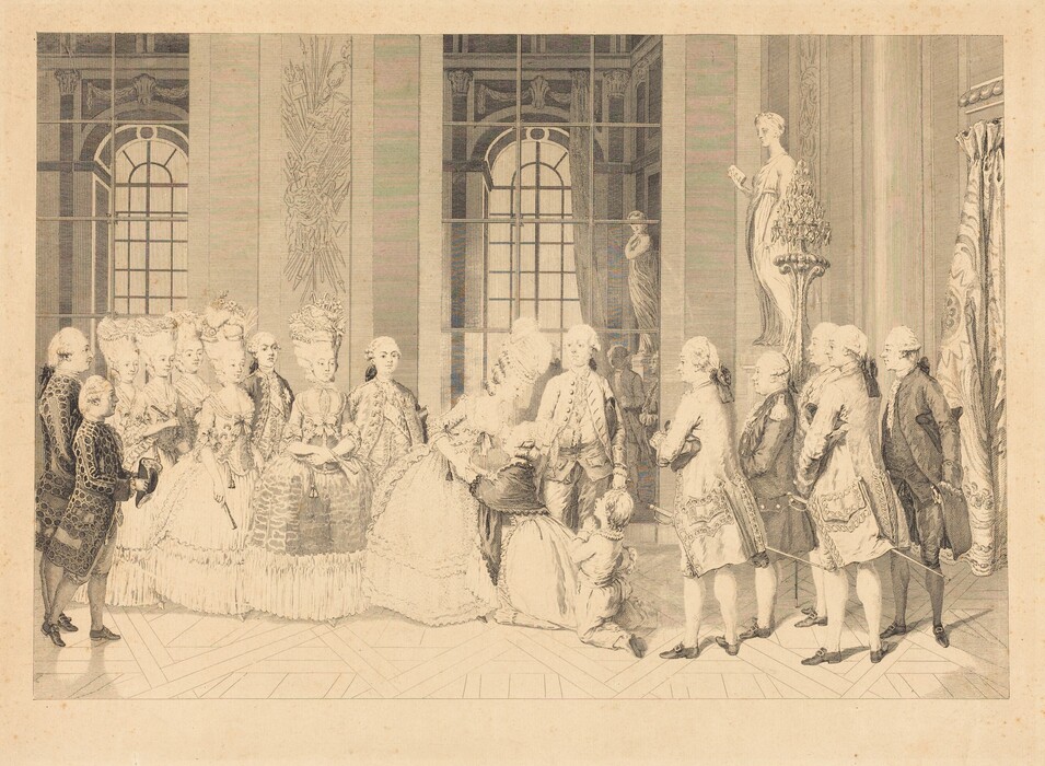 The image depicts a group of people gathered in an opulent interior. The individuals are dressed in elaborate 18th-century fashion, featuring women with ornate wigs, dresses, and men in fancy suits. Some people hold fans or wear hats. The setting includes large arched windows, classical sculptures, candlesticks, and decorative architectural elements.