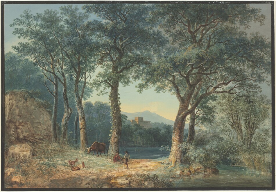 The image shows a landscape with a low horizon, featuring a mountain and a castle surrounded by greenery. Trees, including a cow, some goats, and a figure, are depicted in rich, detailed brushstrokes against a sky painted with pastel tones and earthy hues.