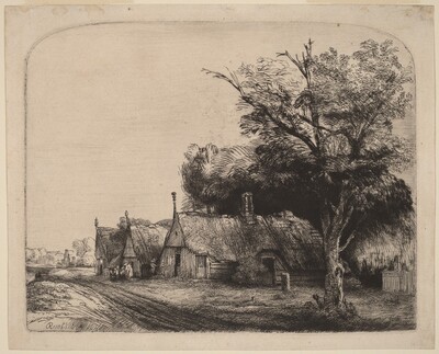 Landscape with Three Gabled Cottages beside a Road, Rembrandt van Rijn, 1650
