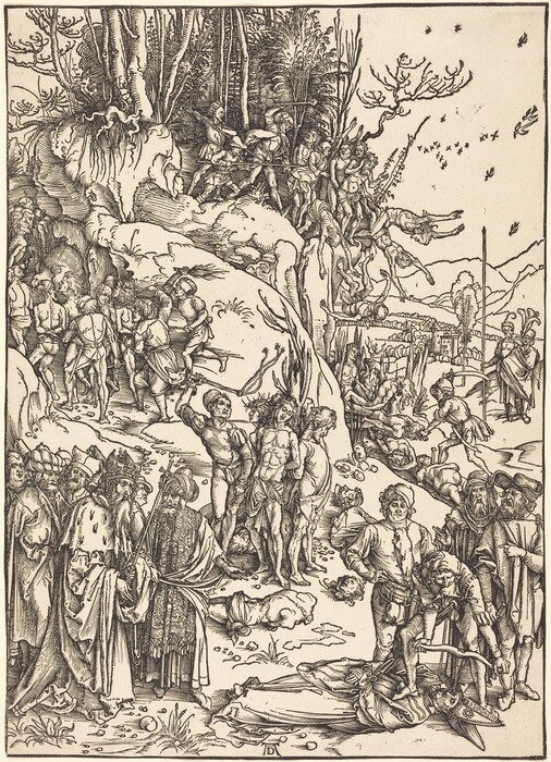 This is a print depicting various figures engaged in actions that suggest turmoil. In the background, on the left, is a tall hill covered with trees upon which some people appear to spear others. Some people fall off the hill on the right side, appearing to impale themselves on jagged branches on the ground below. On the far left, people with swords and whips seem to lead a group up the side of the hill. In the center, several people seem to be tied together around a tree. In the bottom left corner, more people appear to be in conversation, looking at the scene around them. The scene includes people in elaborate attire and varying kinds of headwear. The background on the right shows distant buildings and low hills, with birds flying in the clear sky.