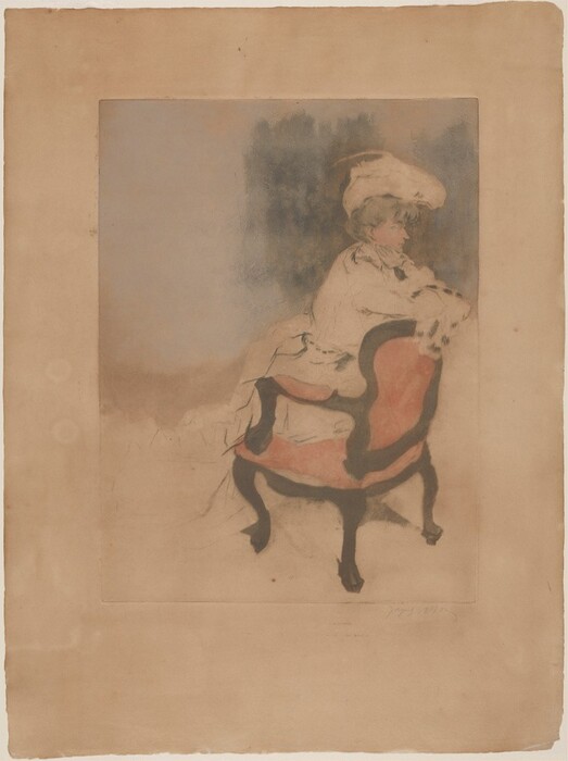 The image shows a woman seated in a side profile on an ornate chair with dark wooden arms and legs, upholstered in a reddish fabric. She has her head slightly turned to the right, resting her chin on one hand. She wears a wide-brimmed hat with decoration and a feather on top, and her hair is styled up. The woman is dressed in a light-colored voluminous garment that may be trimmed with fur or lace. There are no visible jewelry or objects in her hands. The background consists of soft, blended colors in muted tones.