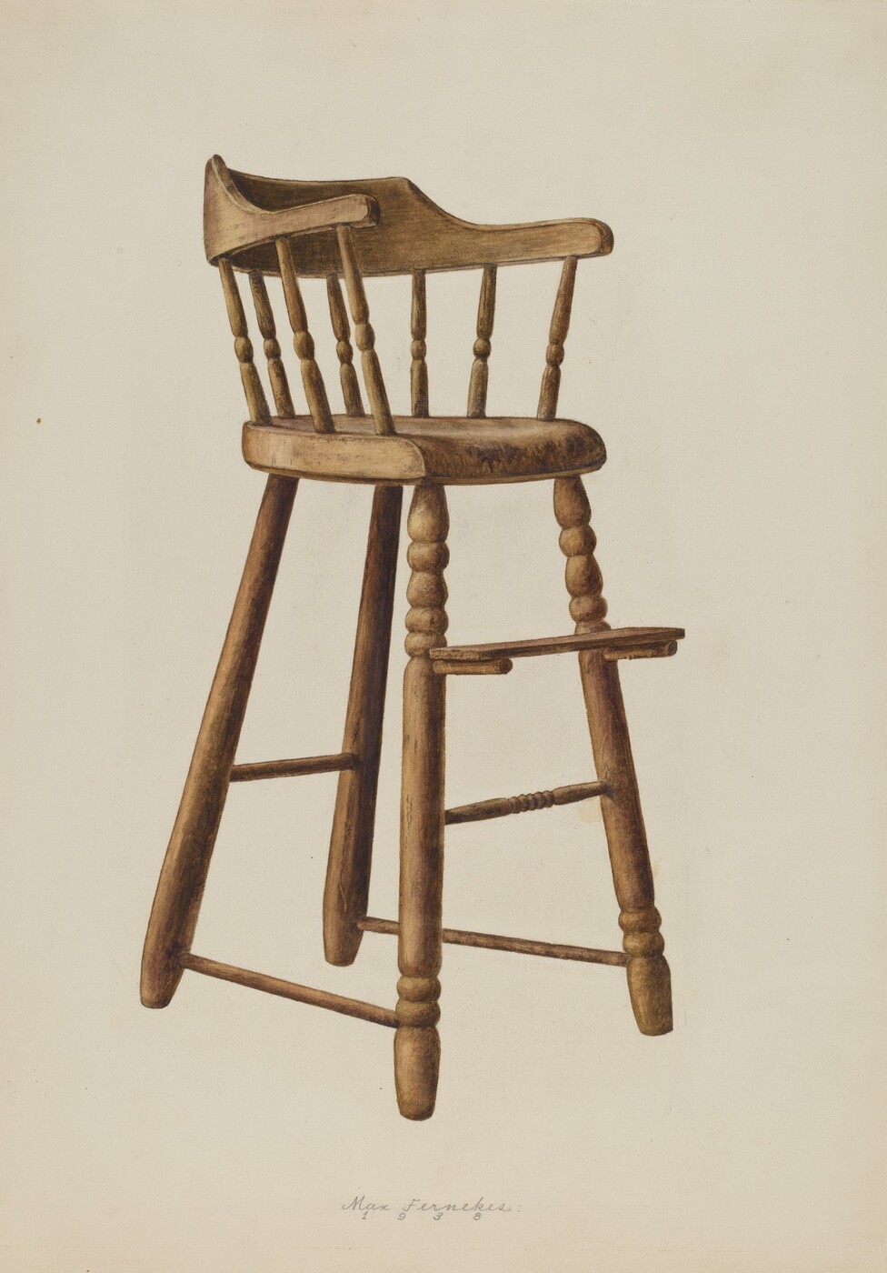 The image shows a wooden bar stool with a backrest, spindles, seat, and footrest. It is in the center, facing left, with a shadow suggesting light from the right.