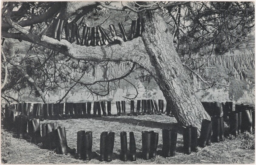 100 Boots in a Field. Route 101, California. February 9, 1971, 3:30 p.m.