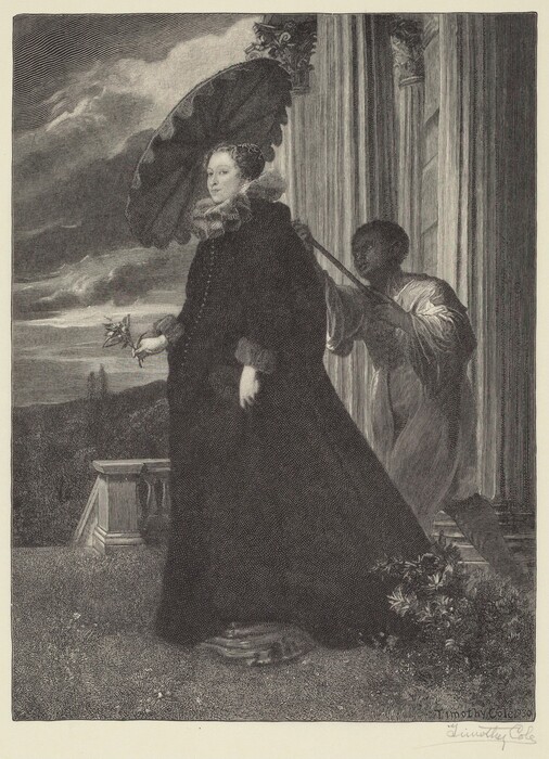 The image shows two individuals in a full-body view. The person in the foreground is standing and gazing slightly to the left. She has a calm expression with well-defined facial features and wears her hair pulled back and decorated with a headpiece. Her clothing is an elaborate long coat with intricate detailing and fur cuffs. She also wears a collar with ruffled lace and holds a small bouquet of flowers in her left hand. She holds a large, ornate parasol above her head, shielding her from above. Positioned slightly behind her is another person holding the parasol handle and leaning forward, wearing a loose-fitting garment. The background features architectural elements such as stone columns and a balustrade, with a landscape of rolling hills under a dramatic sky with thick, swirling clouds. The setting suggests an outdoor scene adjacent to a grand structure.