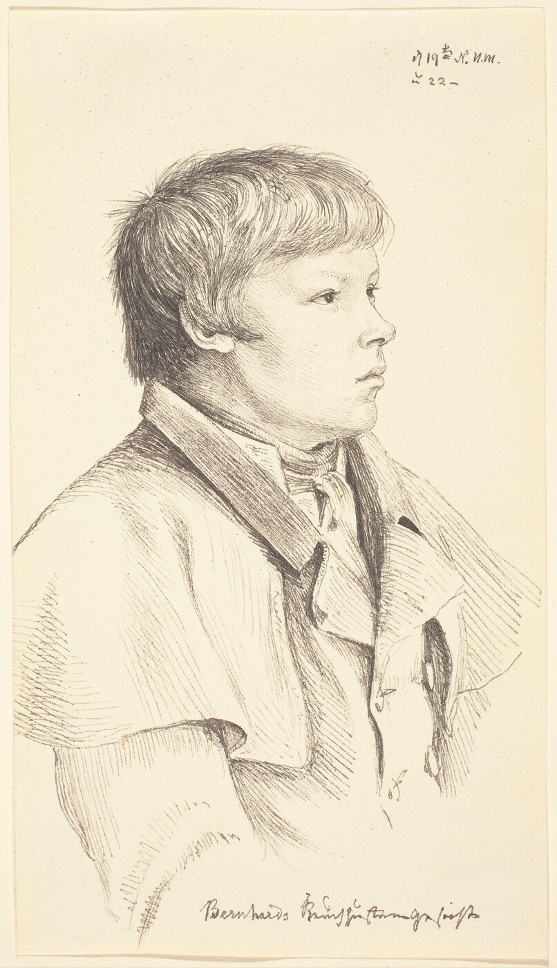 The image is a drawing of a person in profile, seated and facing right. The individual has short hair, a small nose, and a smooth face. They wear a garment with a high collar and lapel, possibly a coat, with a hint of a scarf around the neck. The background is plain.