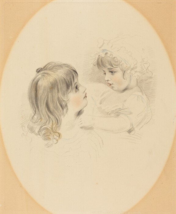The image depicts an artistic drawing of two children's upper bodies facing each other. One child has shoulder-length curly hair and a profile view, looking up at the other child. The child on the right has a round face, short hair under a bonnet, and is in a three-quarter view looking down. Both children wear simple, flowing garments without visible patterns. The drawing is done in soft pencil tones with a hint of color, giving a gentle appearance. The background is plain paper with a fading oval vignette effect, emphasizing the children.
