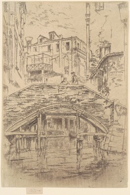 “Ponte del Piovan”. The image shows a scene from a canal perspective looking up towards a stone bridge.