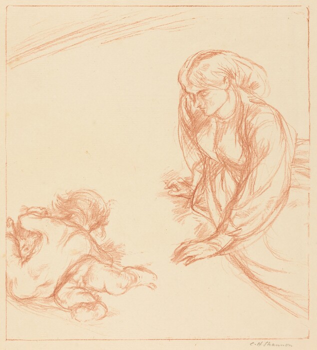 The image shows a woman seated on the right side, leaning forward with one hand on the ground. She wears a long-sleeved garment and has her hair in a bun. On the left side, there is a baby lying on their stomach, with one arm reaching forward. The background is plain with minimal details. The drawing appears to be done in a light and airy style, with sketchy lines.