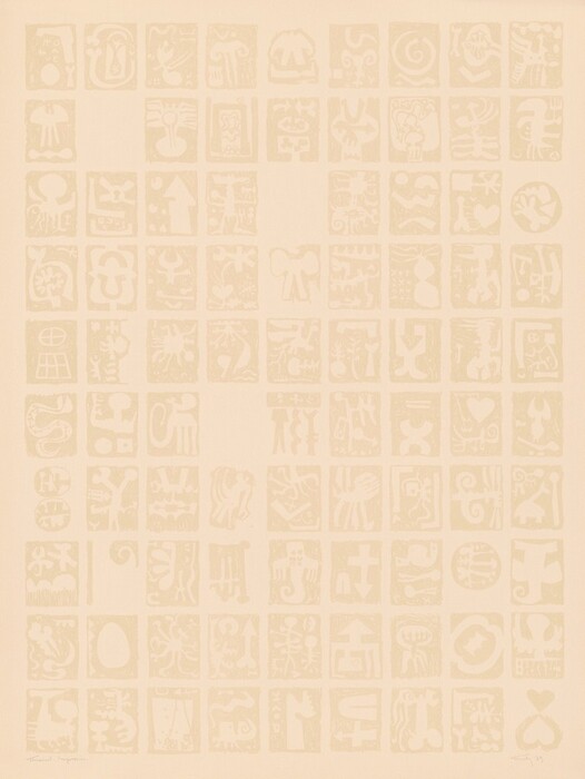 The image displays a grid of small rectangles with abstract shapes and lines. The forms in each rectangle resemble animals, arrows, and symbols. The arrangement suggests a collection of abstract hieroglyphs or simplified interpretations of everyday objects.