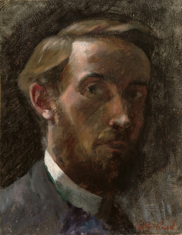 The head of a pale-skinned man nearly fills this shadowy, vertical portrait painting. His shoulders angle to our right, and his dark eyes cut back to look at us. Light from the top left corner highlights his light blond hair, and he has a full beard. He has a straight nose, and his high cheekbones and eye sockets are cast in deep shadow. A high white collar peeks over the lapels of a slate-blue jacket. The background is thinly painted, appearing almost scratched on in some areas, with black against a lighter ground. The brushstrokes are loose and visible throughout the painting. The artist signed the work in the lower right corner in rust-red paint, "E. Vuillard."